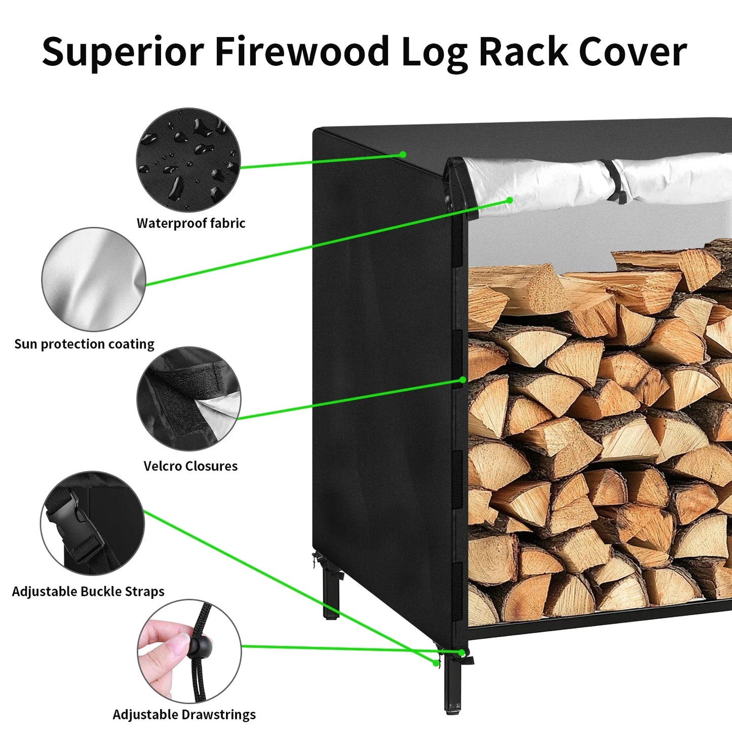 Outdoor Firewood Rack Cover Waterproof 210D Oxford Fabric Wood Log Storage Dust Cover for 4 and 8 Foot Patio Wood Holder