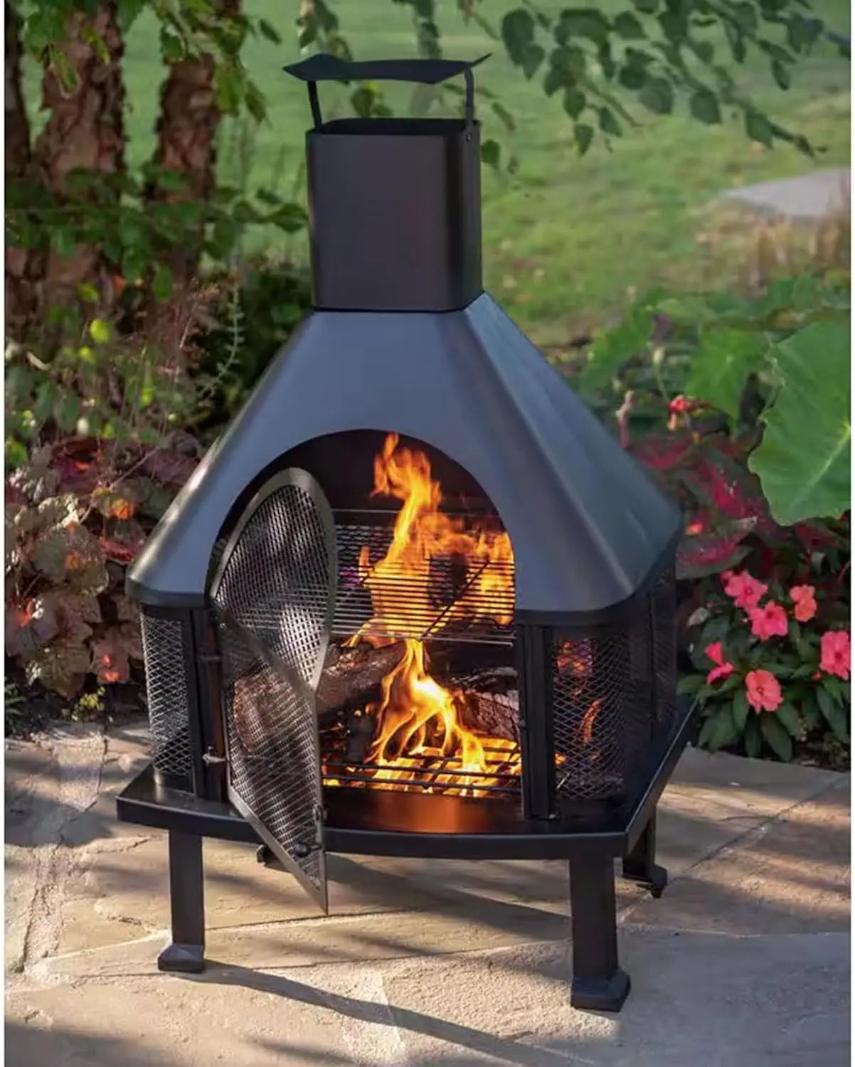 Wood Burning Fireplace Outdoor Steel Chimney Rectangular Fire Bowl for Backyard Patio Deck Bonfire Heating Black