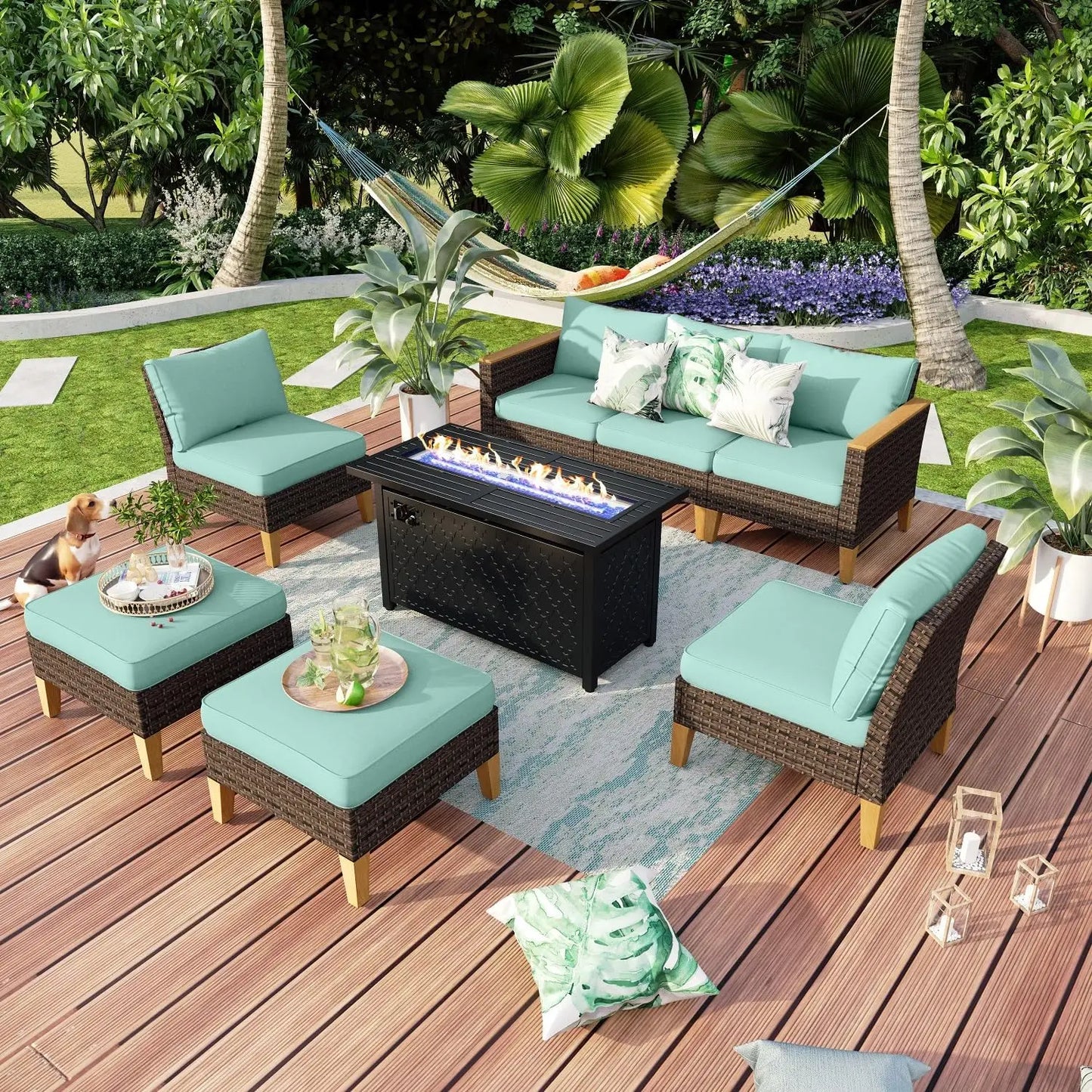 9 Piece Wicker Patio Furniture Set with 56 Inch Fire Pit Table All Weather PE Rattan Sectional Sofa Conversation Set