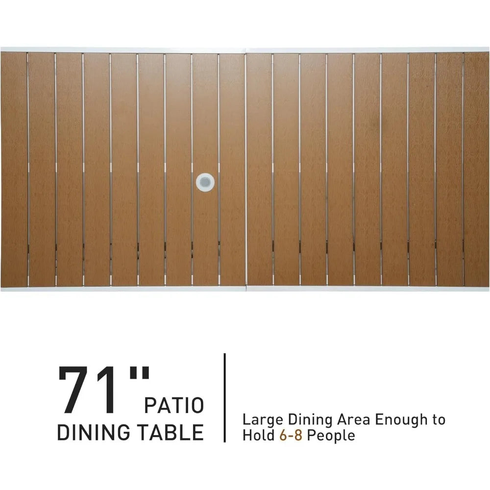 Outdoor Dining Table for 8 Person 71 Inch Aluminum Patio Dining Table with Adjustable Umbrella Hole Slat Rectangle Table Brown and White