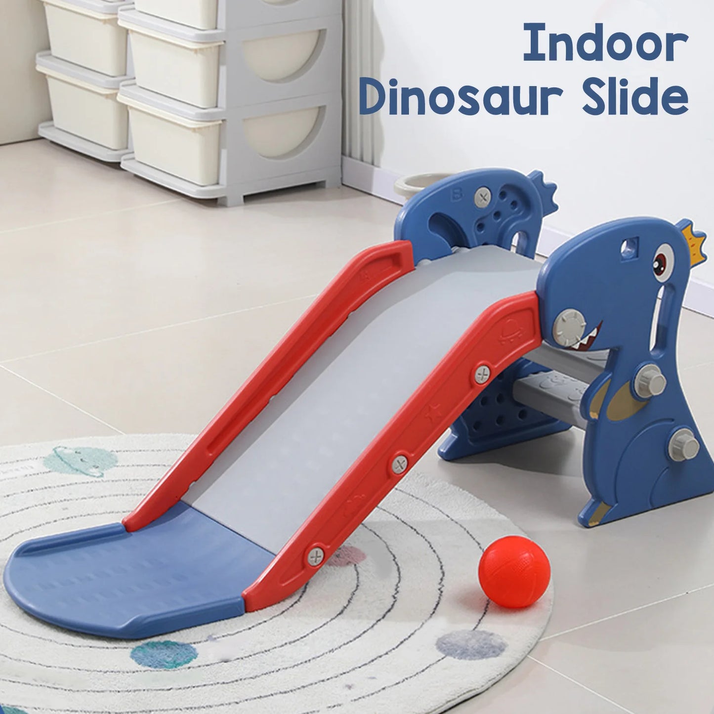 Foldable Dinosaur Shape Indoor Slide with Basketball Hoop for Toddlers Easy Assembly Blue Climber for Ages 3 to 6 Years