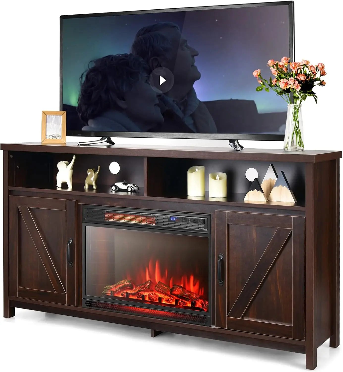 Electric Fireplace TV Stand with 25 Inch 1350W Recessed Faux Fireplace 3 Flame Settings 4 Brightness Remote Control