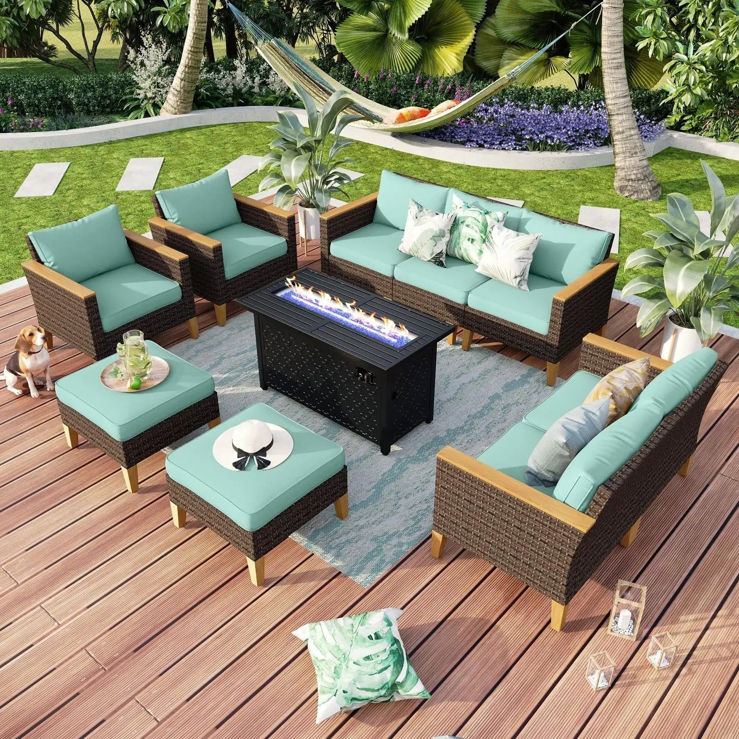 9 Piece Wicker Patio Furniture Set with 56 Inch Fire Pit Table All Weather PE Rattan Sectional Sofa Conversation Set