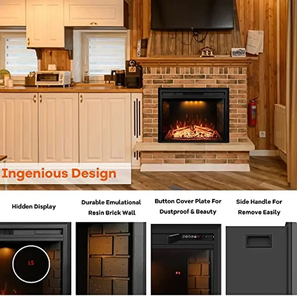 36 Inch Wall Mount Electric Fireplace Insert with Remote Control Realistic Log Flame Overheat Protection Plug In Installation 1500 Watt