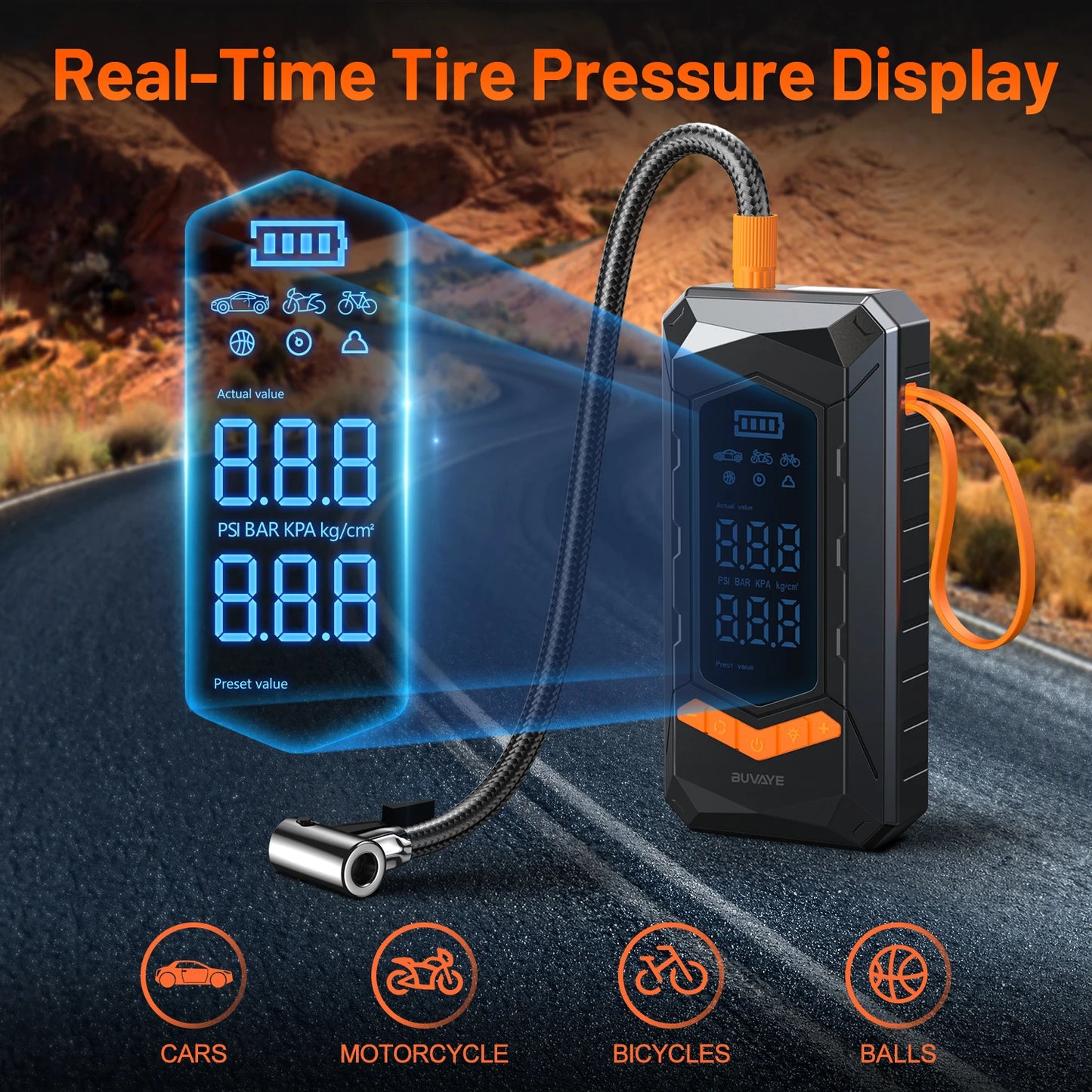 BUVAYE Portable Tire Inflator Wired Wireless Car Pump