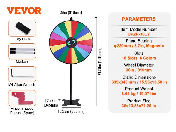 SucceBuy 18 Inch 24 Inch 36 Inch Spinning Prize Wheel 14 Slots Tabletop Floor Standing Spin Game for Parties Pubs