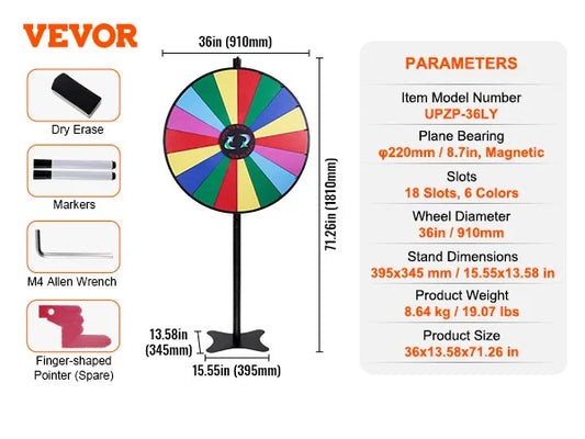SucceBuy 18 Inch 24 Inch 36 Inch Spinning Prize Wheel 14 Slots Tabletop Floor Standing Spin Game for Parties Pubs