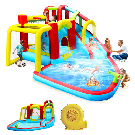 7 In 1 Inflatable Slide Water Park Bouncing House Outdoor Soccer Garden Bouncer With Splash Pool Water Gun Climbing Wall
