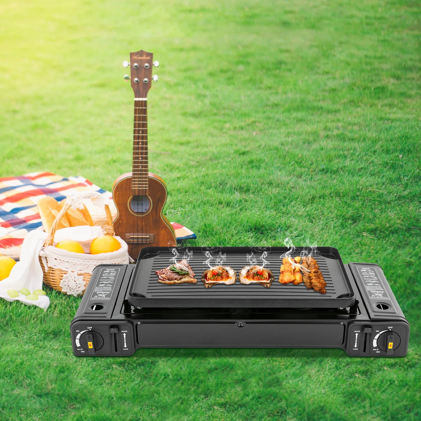 Double Head Barbecue Gas Stove With Baking Tray Portable