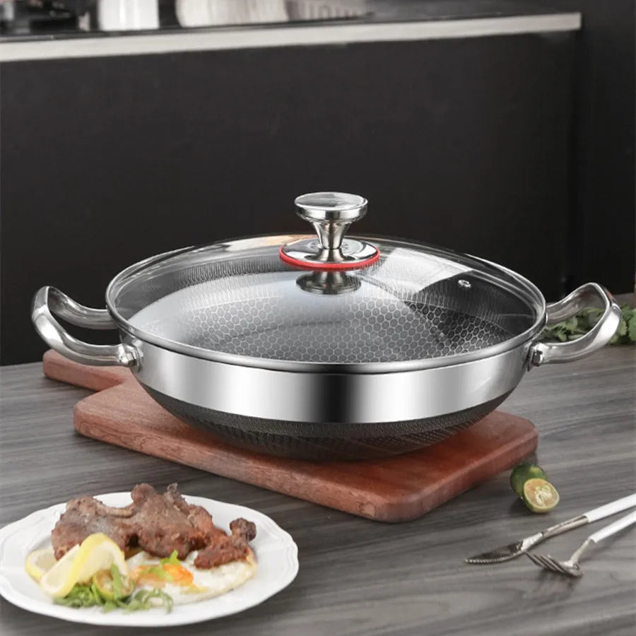Stainless Steel Pan, Cooking Pan, Double-sided Honeycomb Frying Pan, Non-stick Pan with Lid Induction Cooker Gas Stove Universal