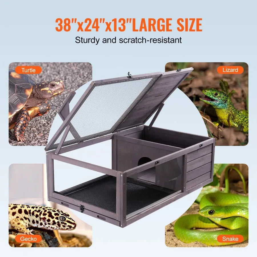 Tortoise Habitat Wooden Tortoise House Indoor and Outdoor Two Room 38x24x13 Inches
