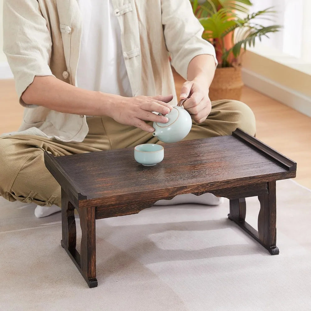 Japanese Floor Table Small Coffee Tea Table Wood Bed Table Tray with Foldable Legs Bed Laptop Desk