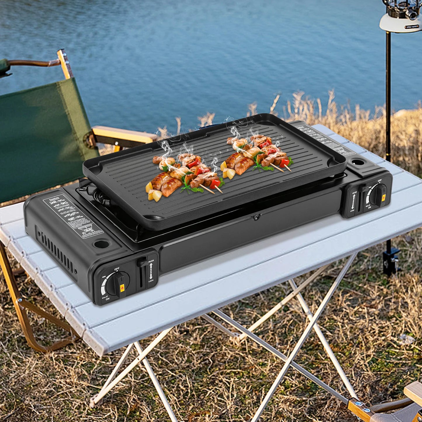Portable Dual Burner Camping Stove With Grill Tray Case