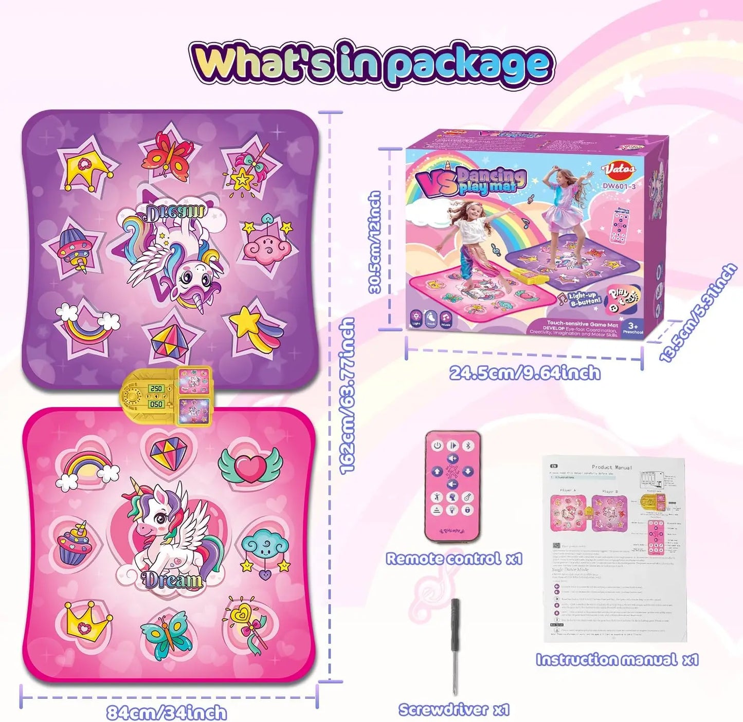 VATOS Unicorn Dance Mat Set of Two Toys for Girls 9-Level Dancing Game Indoor Outdoor Music Play Mat Birthday Gifts for Kids Ages 3 Plus