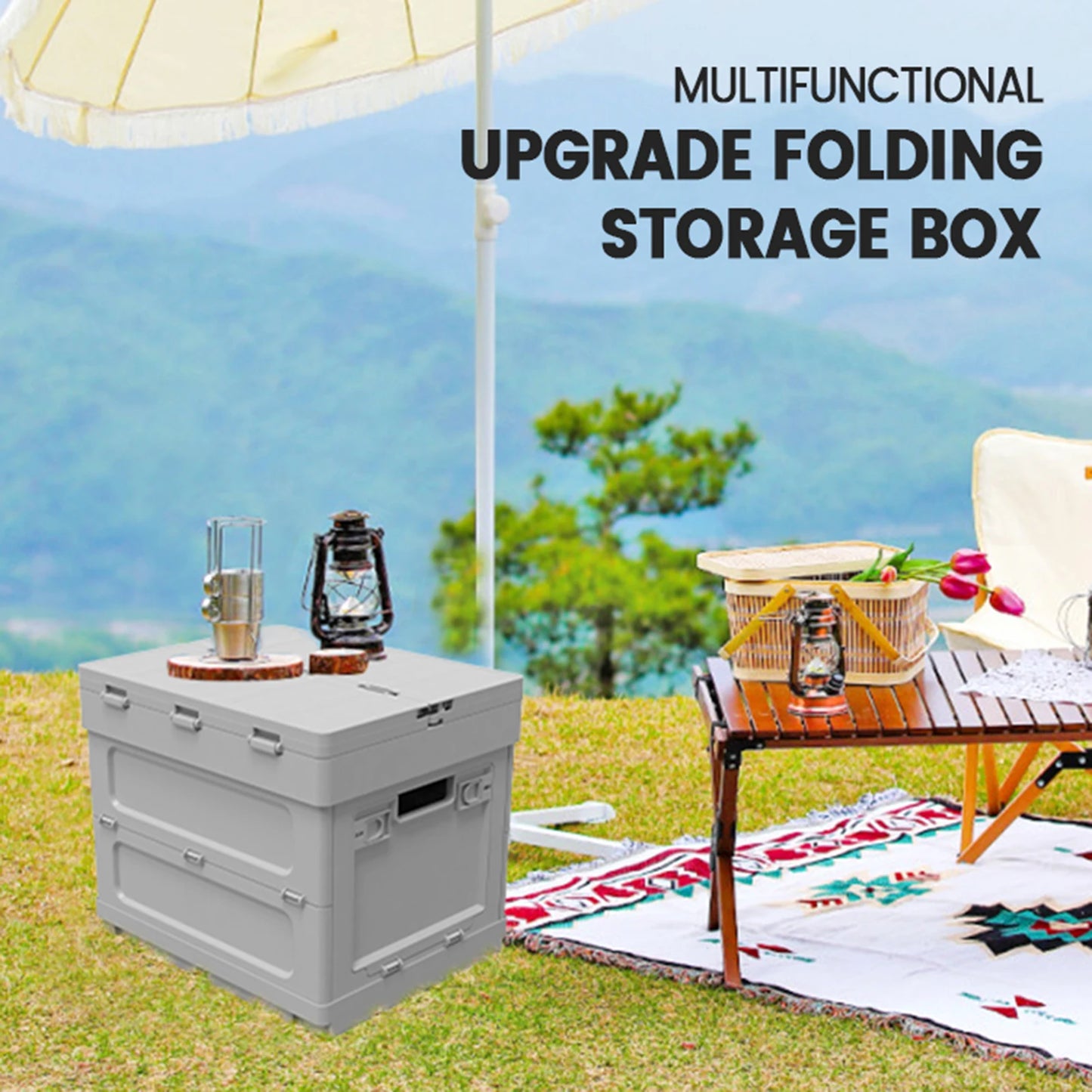 Portable Picnic Table With Cooling Feature Large Capacity Storage Container And Parking Warning Sign For Camping Outdoor