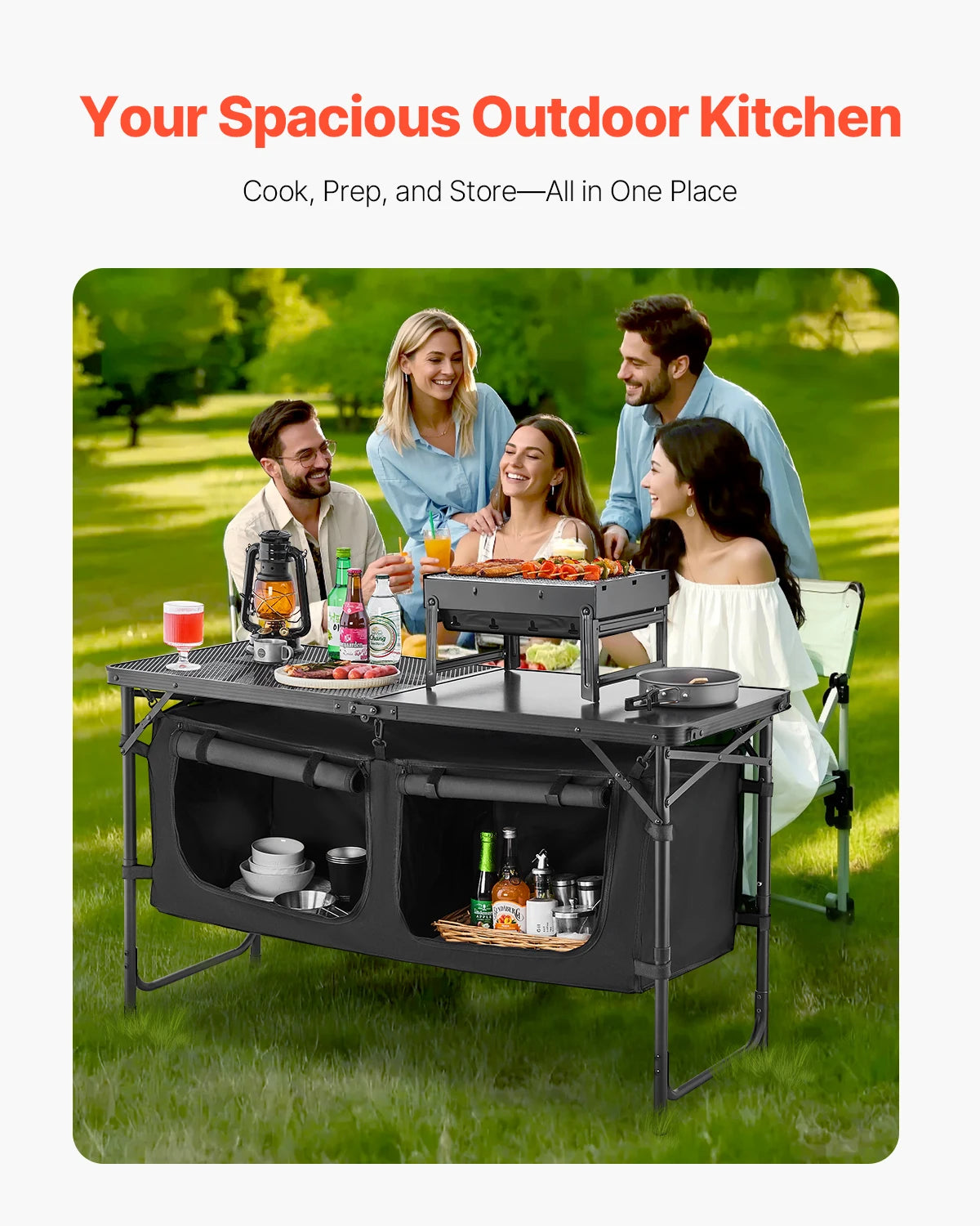 Vevor Camping Kitchen Table Outdoor Cooking Table Aluminum Lightweight Portable Cook Station with Storage Organizer and Adjustable Heights for BBQ Party Picnic RV Travel