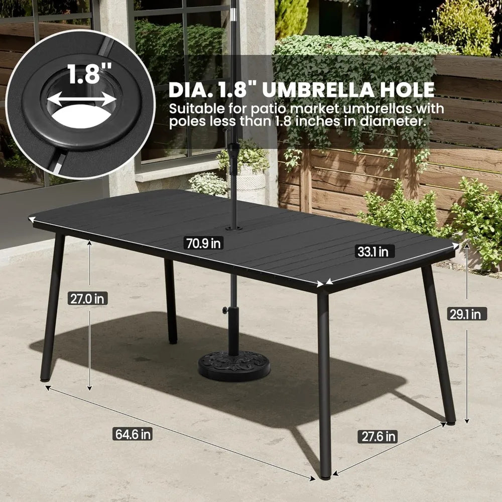 Black Outdoor Dining Table 70 Inch Patio Rectangle Table with Umbrella Hole Aluminum Frame for 4 to 6 People