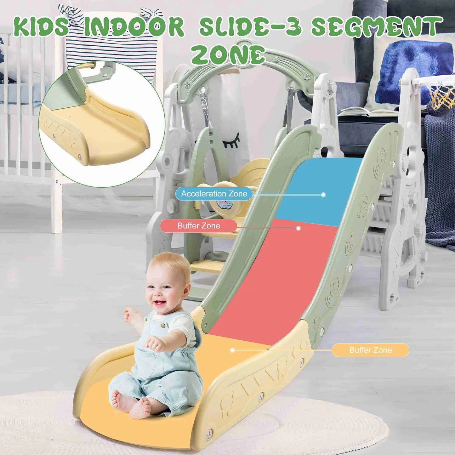 4 In 1 Slide Toy Fully Enclosed Pedal Enhanced Safety Easy Setup Playground Slide Swing Playset Green