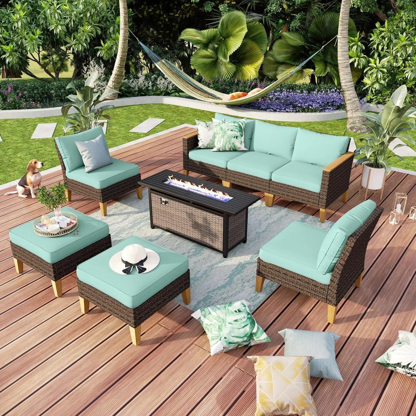 9 Piece Wicker Patio Furniture Set with 56 Inch Fire Pit Table All Weather PE Rattan Sectional Sofa Conversation Set