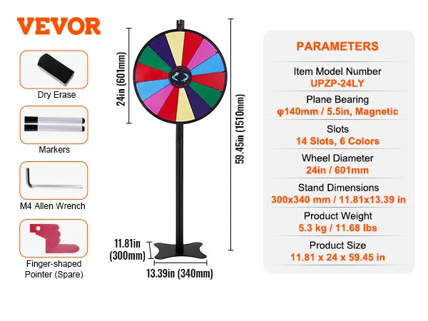 SucceBuy 18 Inch 24 Inch 36 Inch Spinning Prize Wheel 14 Slots Tabletop Floor Standing Spin Game for Parties Pubs