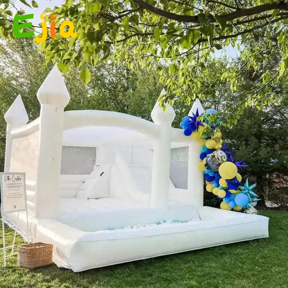 15FT PVC White Bounce House With Slide And Ball Pit Large Jumper Bouncy Inflatable Castle For Wedding Birthday Party Decoration