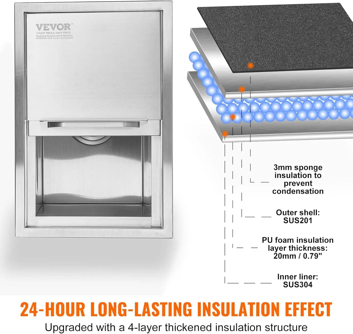 Drop In Ice Chest 18 Inch x 12 Inch x 14.5 Inch Stainless Steel Ice Cooler Commercial Ice Bin with Sliding Cover 40.9 Quart Outdoor