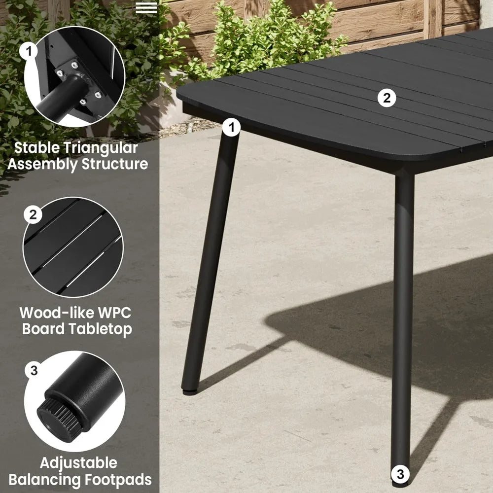 Black Outdoor Dining Table 70 Inch Patio Rectangle Table with Umbrella Hole Aluminum Frame for 4 to 6 People