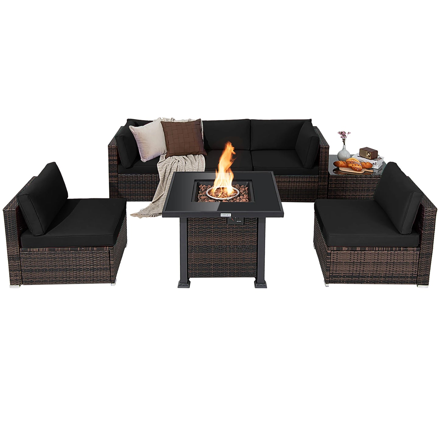 7 Piece Patio Rattan Furniture Set With Fire Pit Table Glass Top And Cushions Black