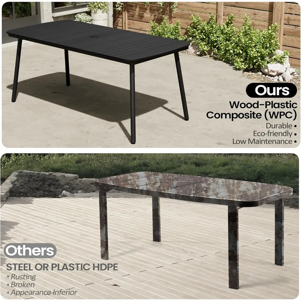 Black Outdoor Dining Table 70 Inch Patio Rectangle Table with Umbrella Hole Aluminum Frame for 4 to 6 People