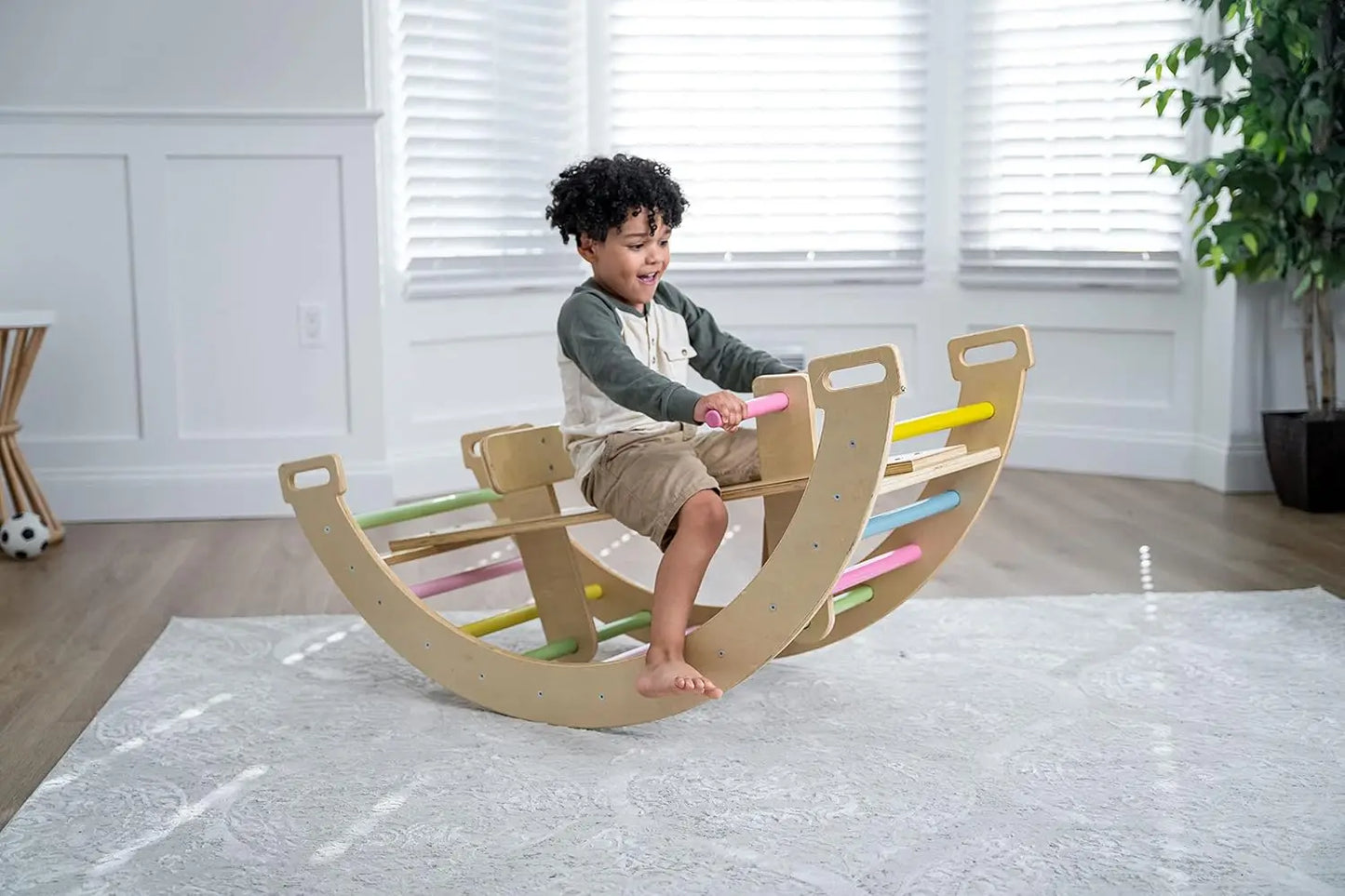 Bailis Ultimate 3 in 1 Playset for Kids Seesaw Climbing Arch and Rocker Montessori Waldorf Climbing Toy for Children Ages 2 to 6