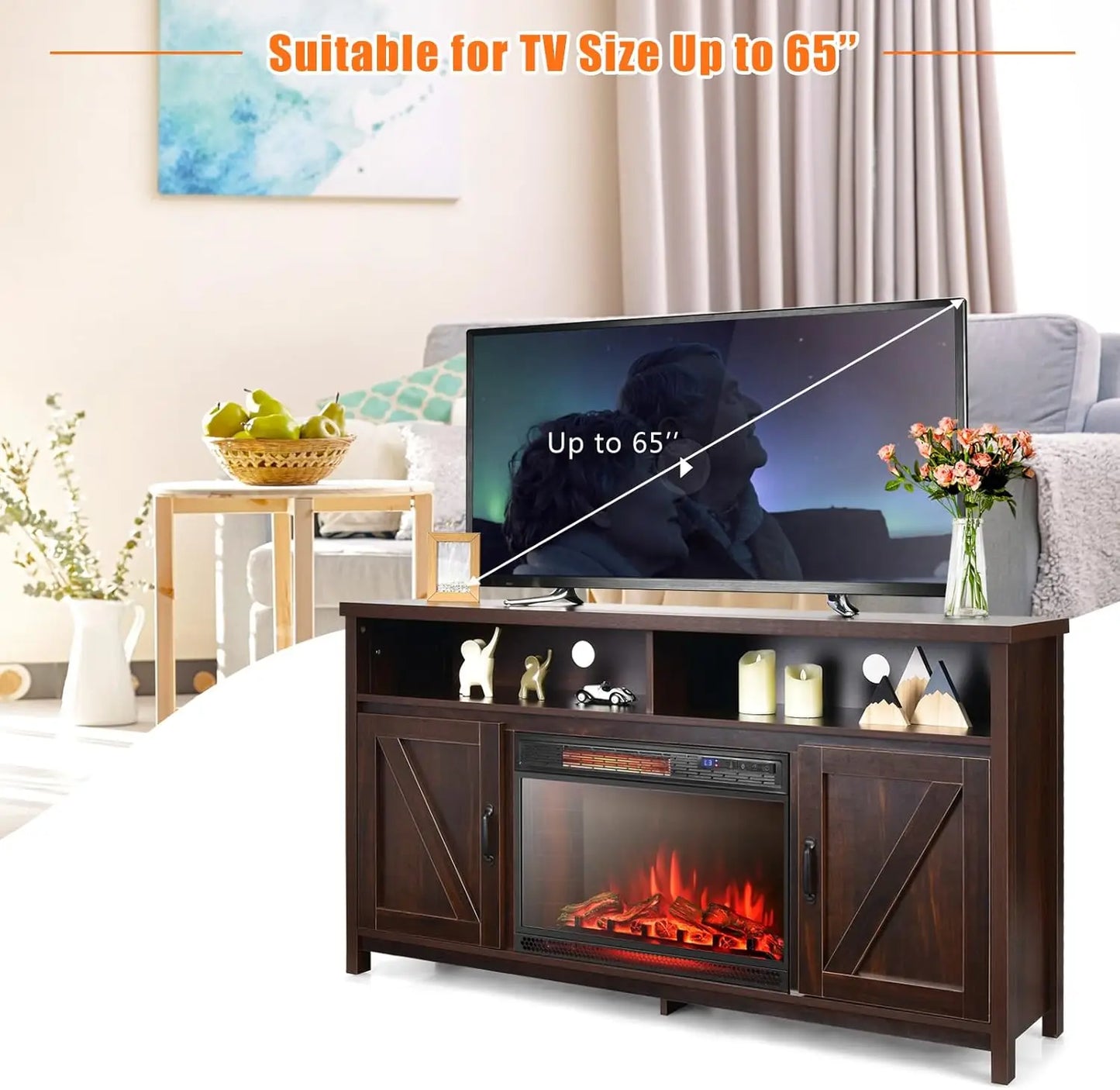 Electric Fireplace TV Stand with 25 Inch 1350W Recessed Faux Fireplace 3 Flame Settings 4 Brightness Remote Control