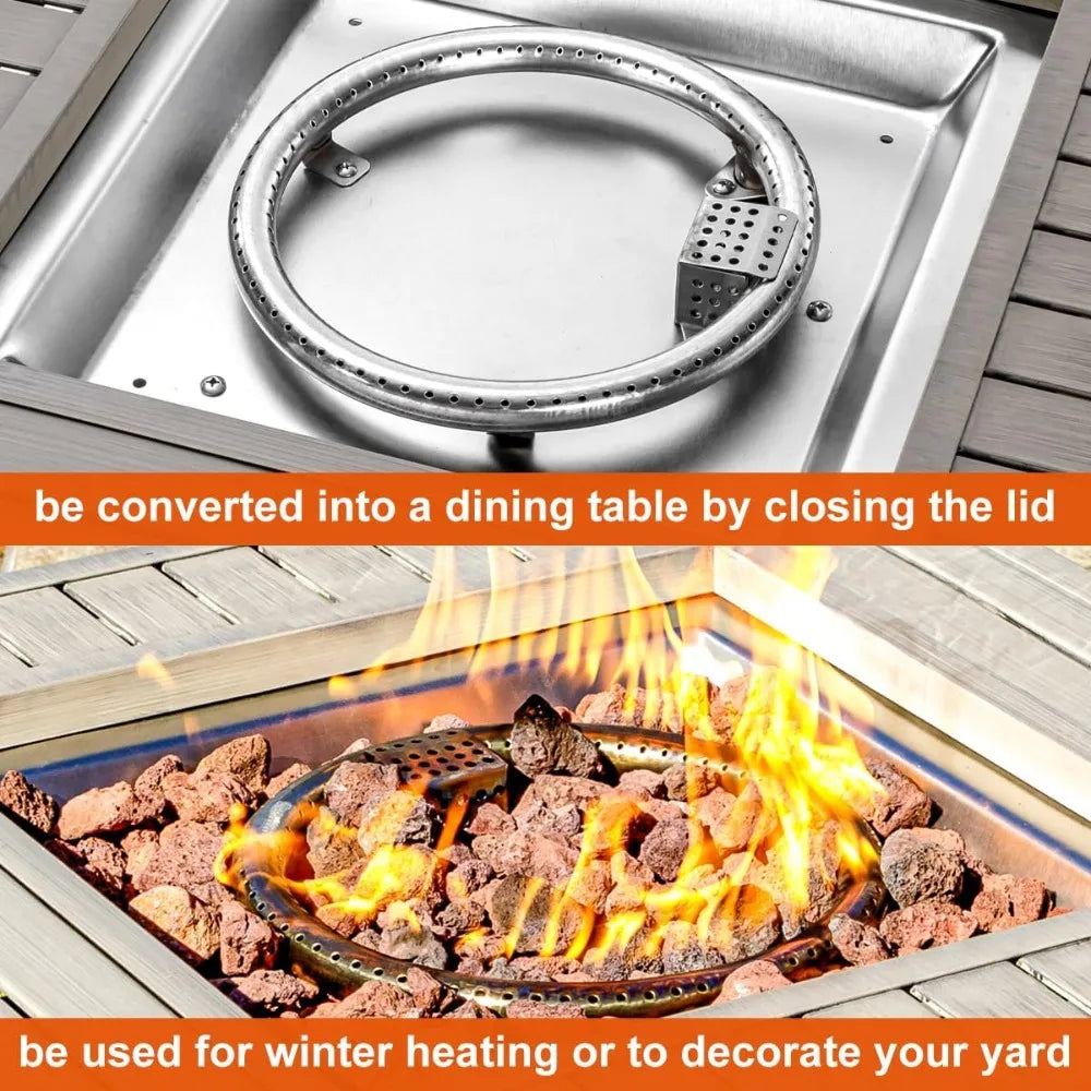 28 Inch Propane Fire Pit Table Outdoor Gas Firepit with Lid and Lava Rock 50000 BTU Square Modern Iron Fire Pit for Dining and Parties