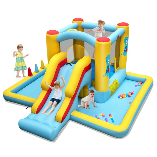 Inflatable Bounce House 7 in 1 Giant Bouncy Castle with Slide Tunnel Basketball Hoop and Ring Toss Game