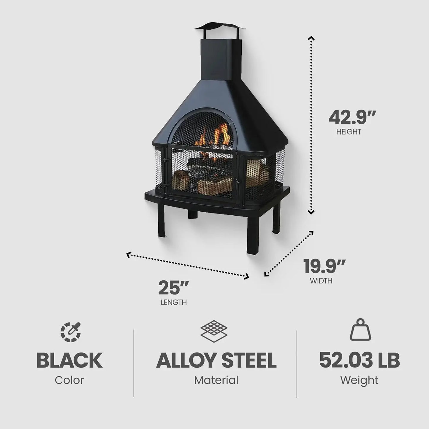Wood Burning Fireplace Outdoor Steel Chimney Rectangular Fire Bowl for Backyard Patio Deck Bonfire Heating Black