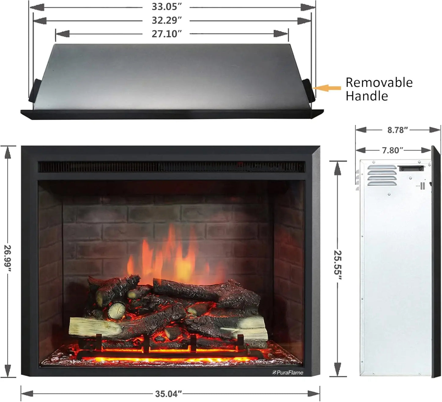 Electric Fireplace Insert With Fire Crackling Sound Remote Control 750 1500W Black 33 1/16 Inches Wide 25 9/16 Inches High