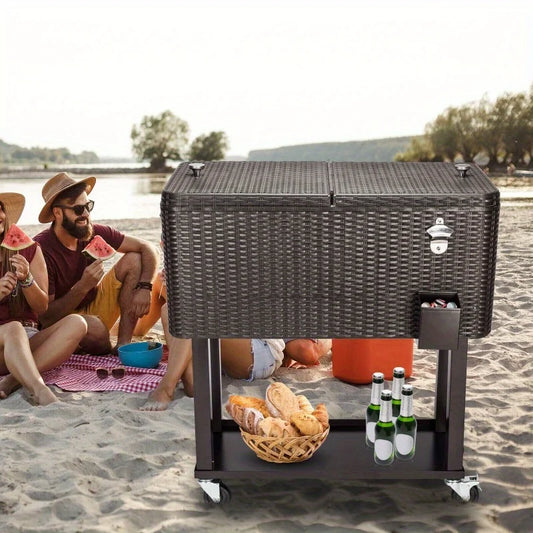 Outdoor Rattan 80QT Party Patio Rolling Cooler Ball Cart Cold Beer Drink Case