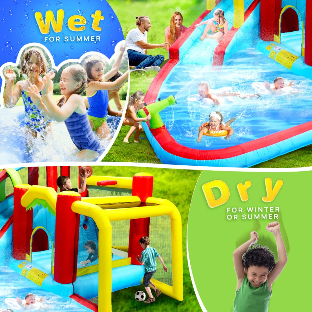 7 In 1 Inflatable Slide Water Park Bouncing House Outdoor Soccer Garden Bouncer With Splash Pool Water Gun Climbing Wall