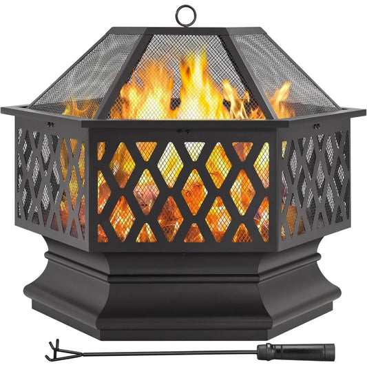 28 Inch Hex Shaped Fire Bowl Large Wood Burning Outdoor Fire Pit with Spark Screen and Poker for Bonfire Picnic BBQ