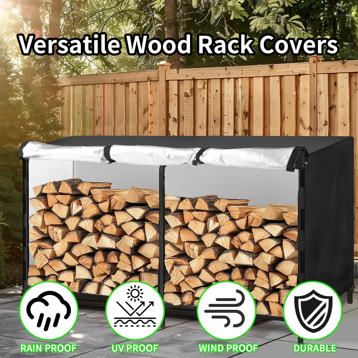Outdoor Firewood Rack Cover Waterproof 210D Oxford Fabric Wood Log Storage Dust Cover for 4 and 8 Foot Patio Wood Holder