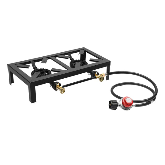 Portable Camping Gas Stove Double Burner Outdoor BBQ Propane Cooker with Adjustable Regulator and Hose