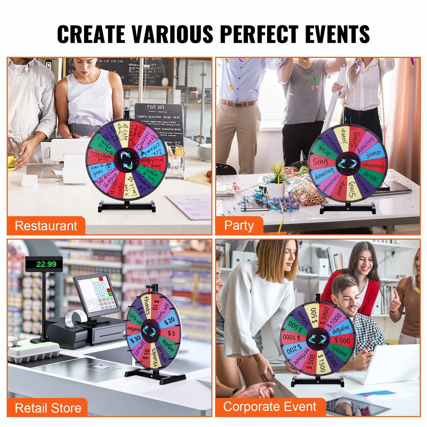 SucceBuy 18 Inch 24 Inch 36 Inch Spinning Prize Wheel 14 Slots Tabletop Floor Standing Spin Game for Parties Pubs