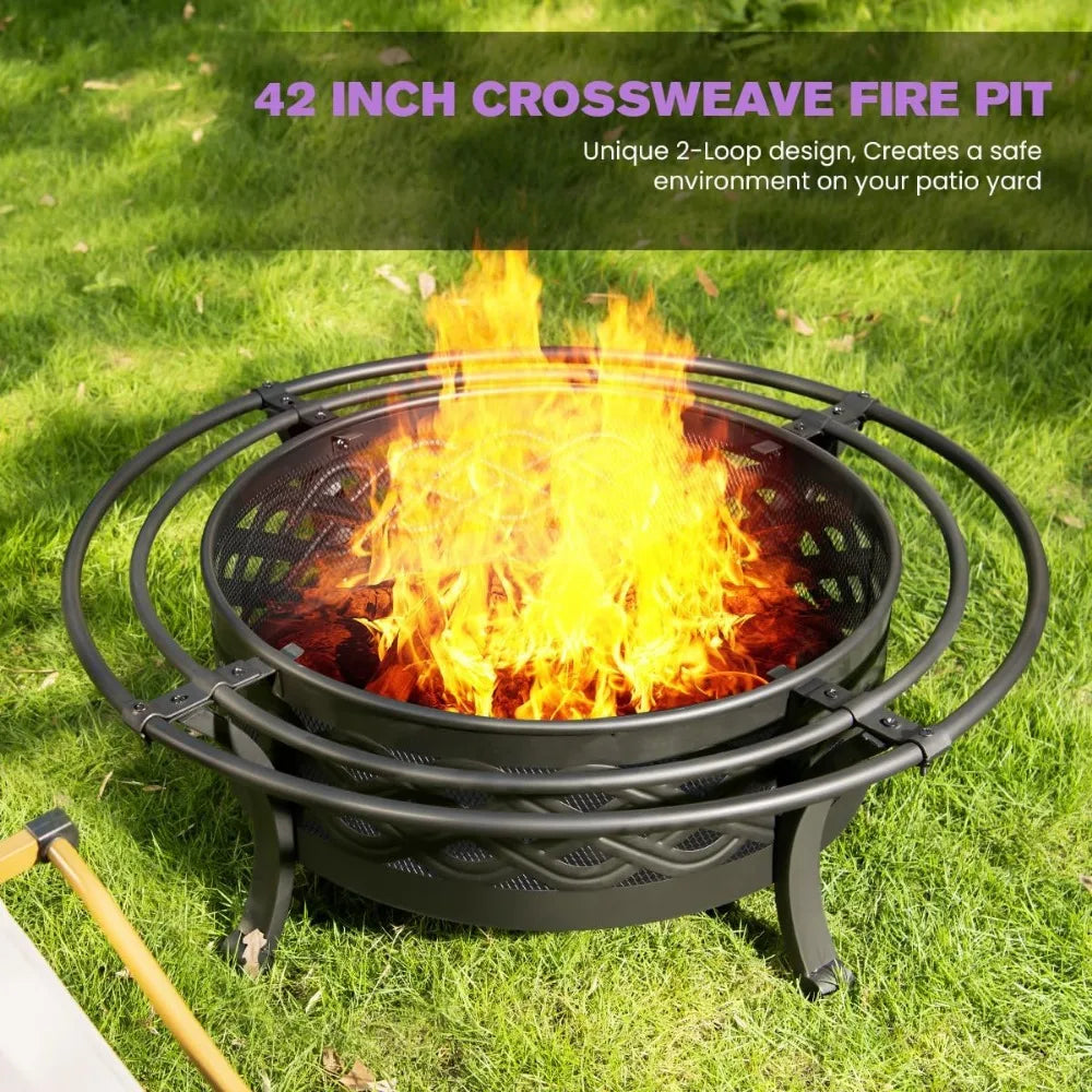 42 Inch Outdoor Wood Burning Fire Pit with Spark Screen and Fire Poker Round Metal Crossweave Design