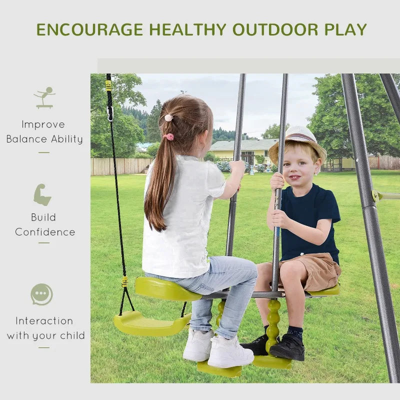 3 In 1 Kids Metal Swing Set For Backyard With Swing Seat Glider And Climbing Ladder Heavy Duty Metal Frame For 4 Children