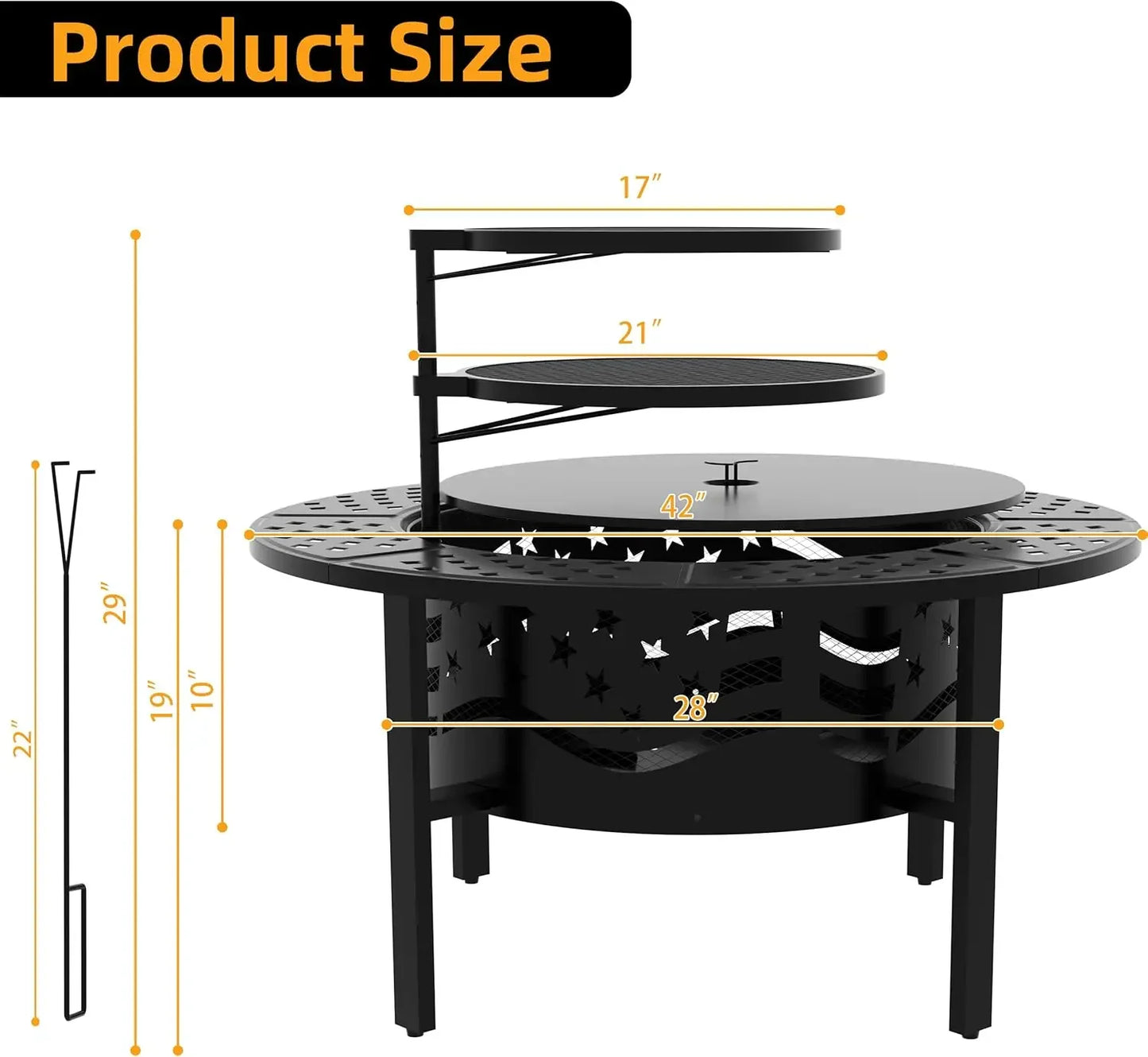 42 Inch Outdoor Fire Pit with Dual Grills Wood Burning Heavy Duty Metal Firepit Large Round with Cover and Poker