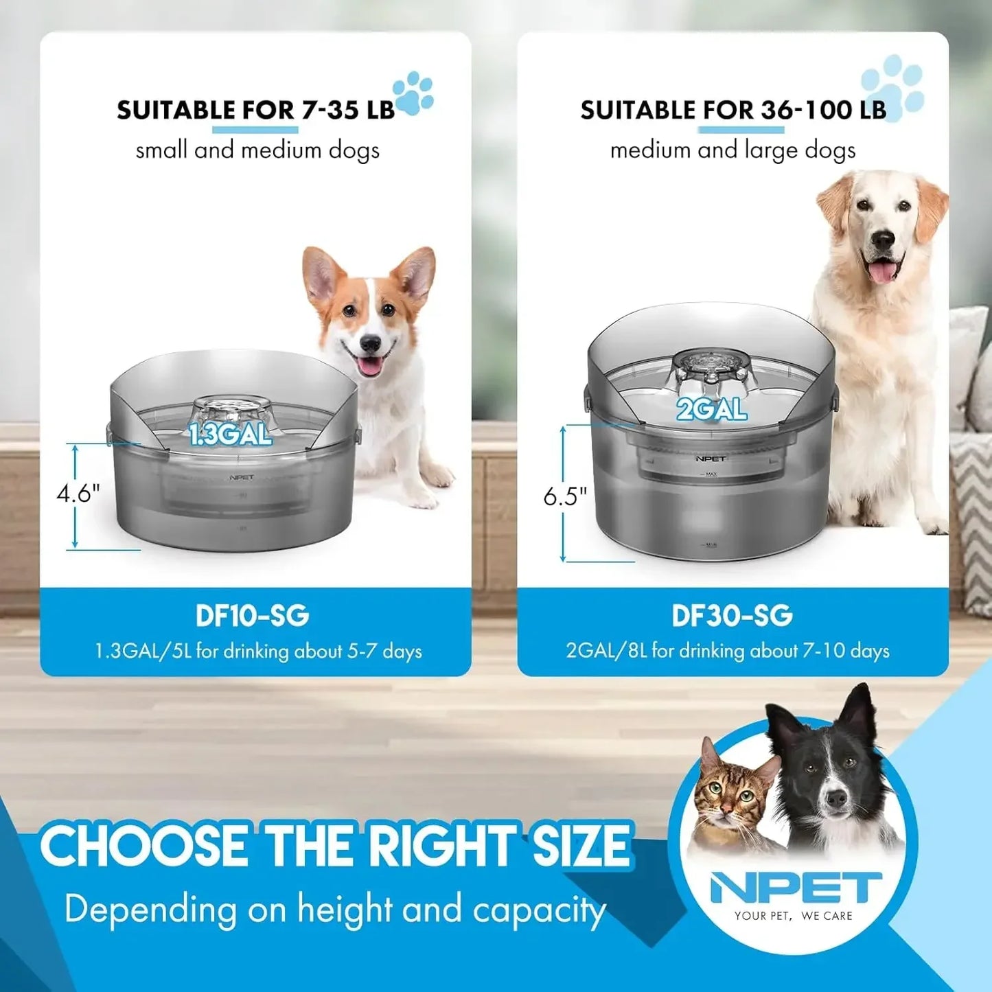 Npet Large Automatic Dog Water Fountain 8L 2 Gallon Water Dispenser with Splatter Guard for Multiple Pets and Large Dogs