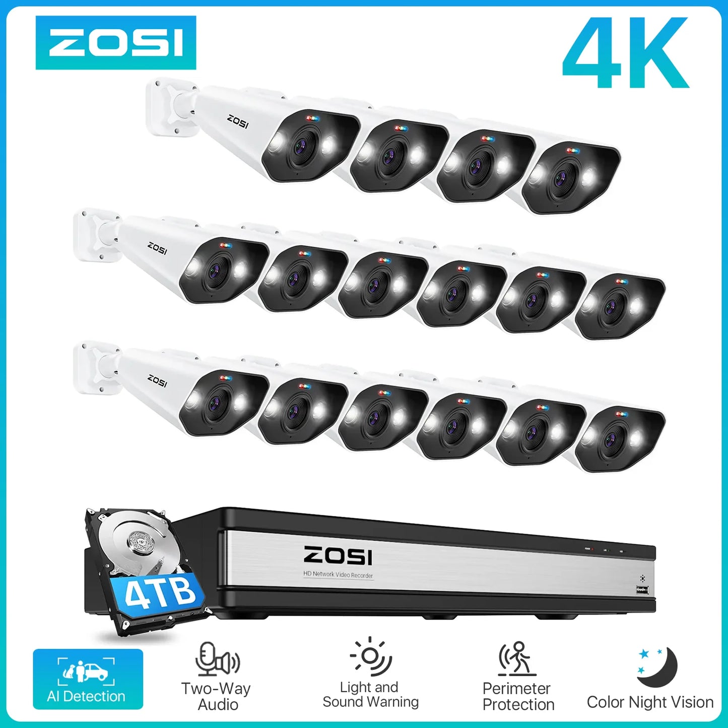 ZOSI 16CH 4K PoE 8MP NVR Security Camera System Outdoor