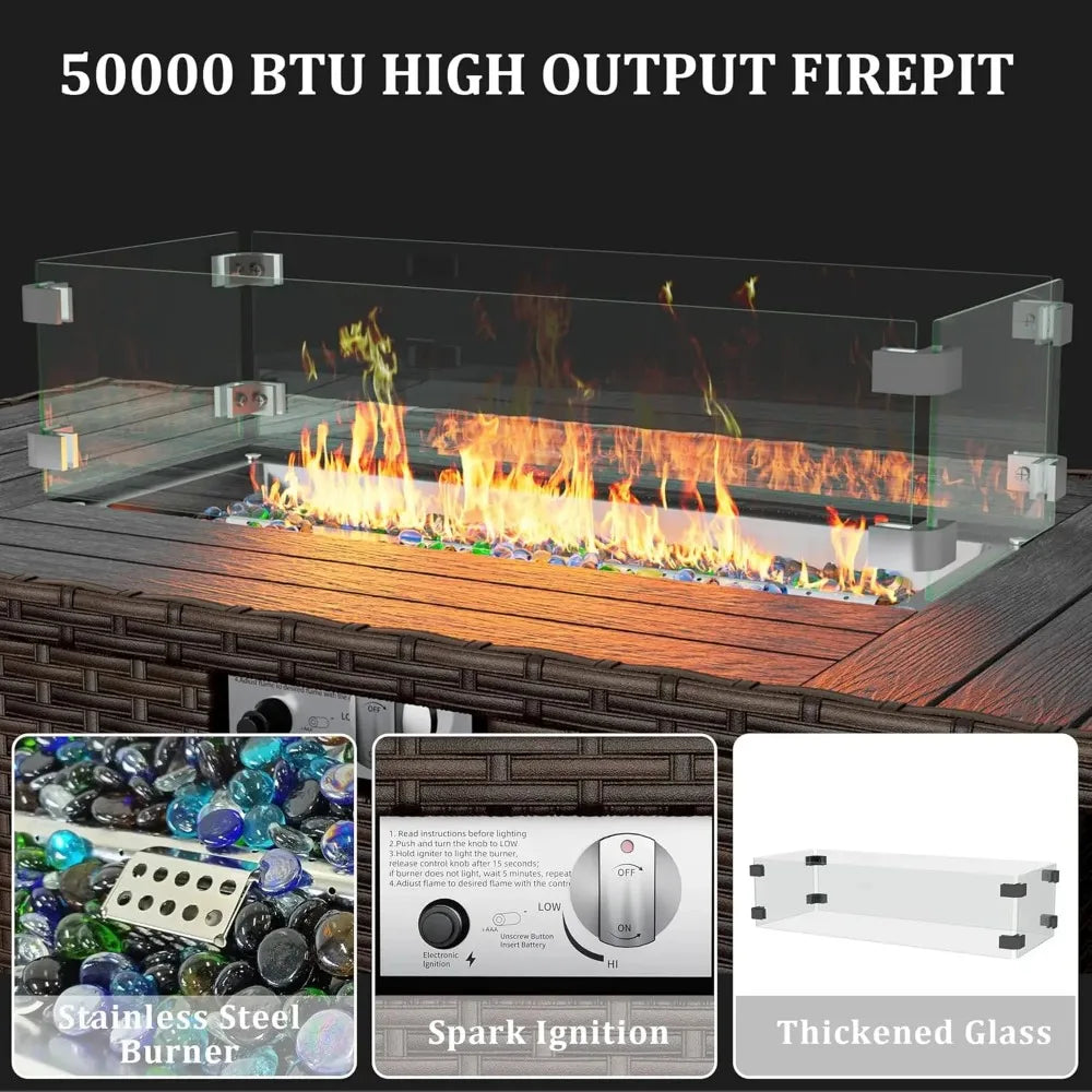 8 Pieces Outdoor Patio Furniture Set with 44 Inch Fire Pit Table Rattan Sectional Conversation Set with Gas Fire Pit