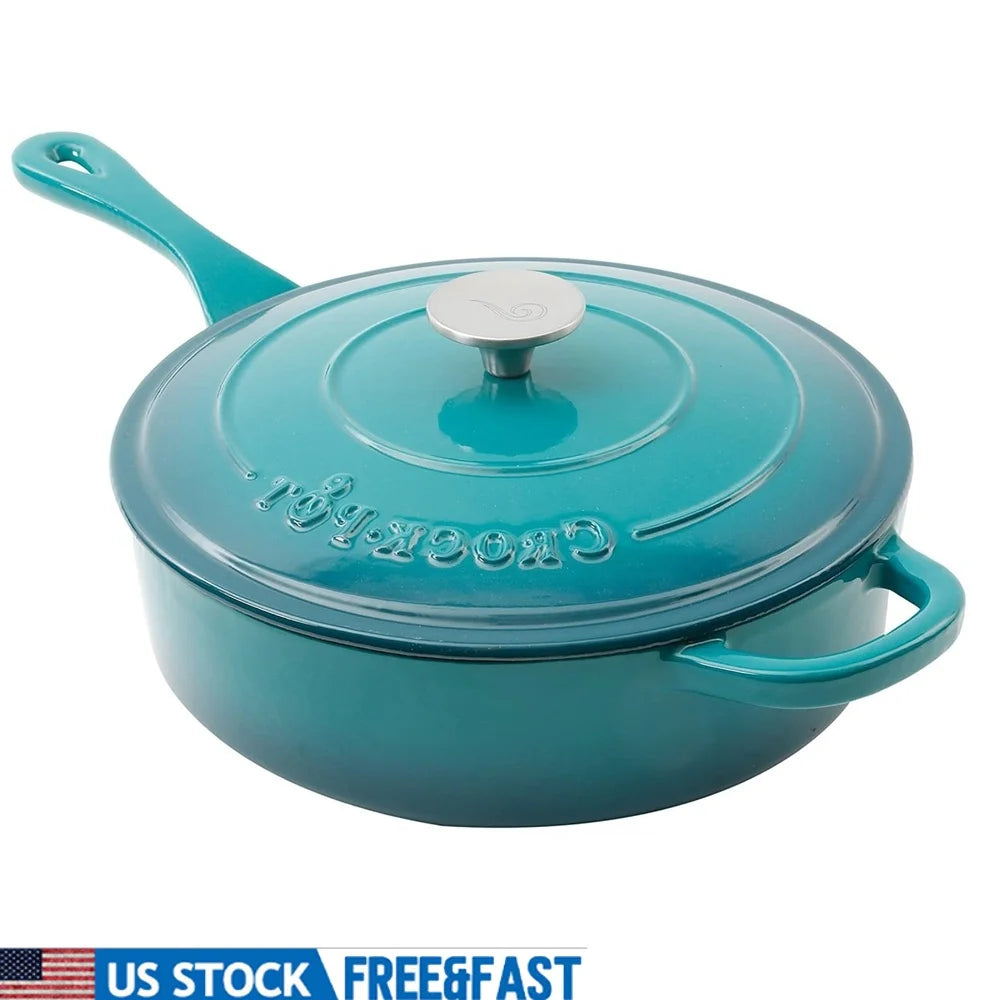 Enameled Cast Iron Skillet with Matching Lid Nonstick Rust Proof Heavy Duty Cooking Pan Easy Handling Handwash Safe