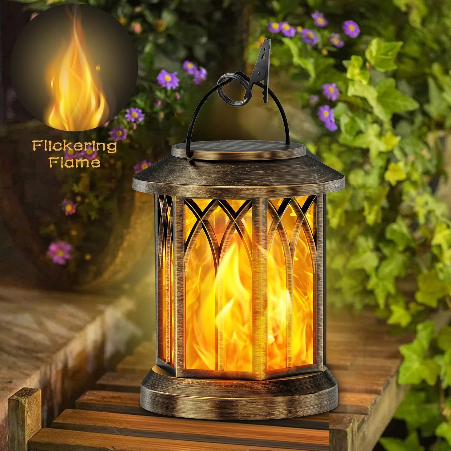 2 Pack Flickering Flame Solar Lanterns For Garden Patio