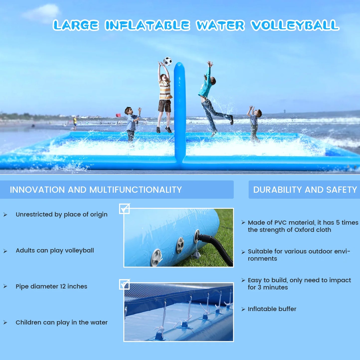 Inflatable Air-Inflated Family Fun Portable Outdoor Volleyball Court for Kids and Adults with 800W Air Blower 10x5x2.1m